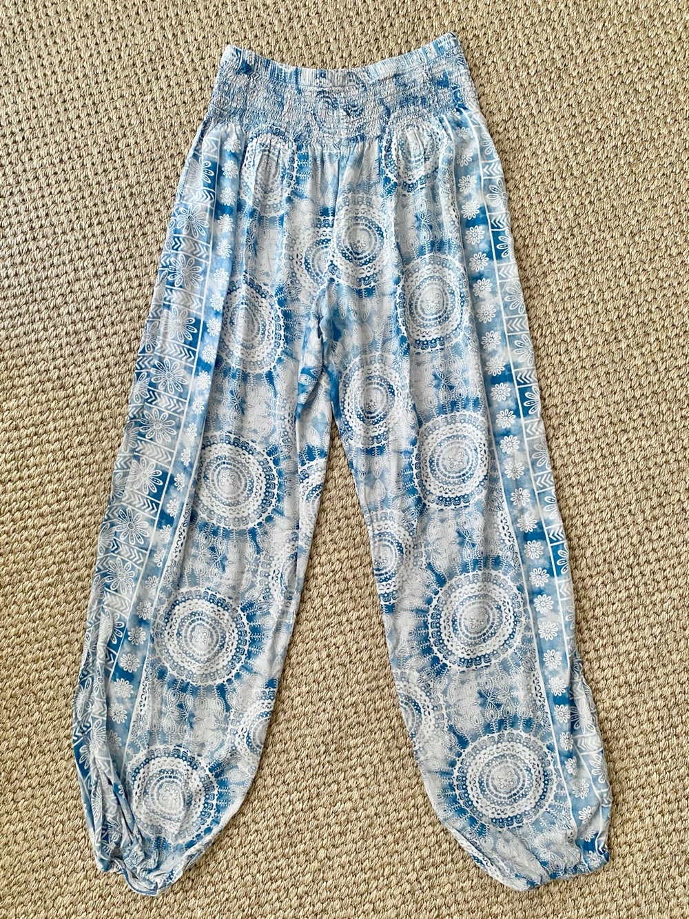 Boho Blue Mandala Elastic-Waist Harem Pants